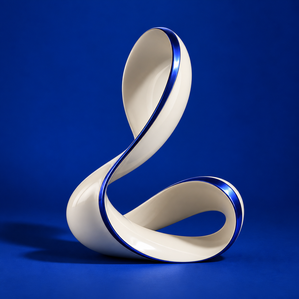 An ivory ribbon sculpture with a blue edge, forming Luca’s abstract identity.